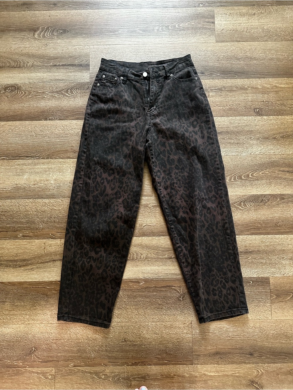 Boyfriend Jeans with Subtle Leopard Print - Dark Brown and Black